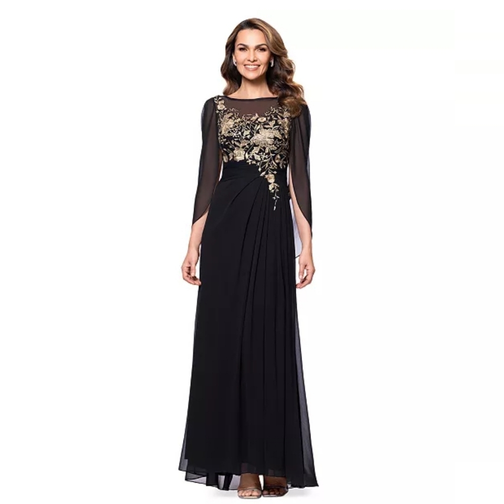 Betsy & Adam Women's Embroidered Cape-Sleeve Gown